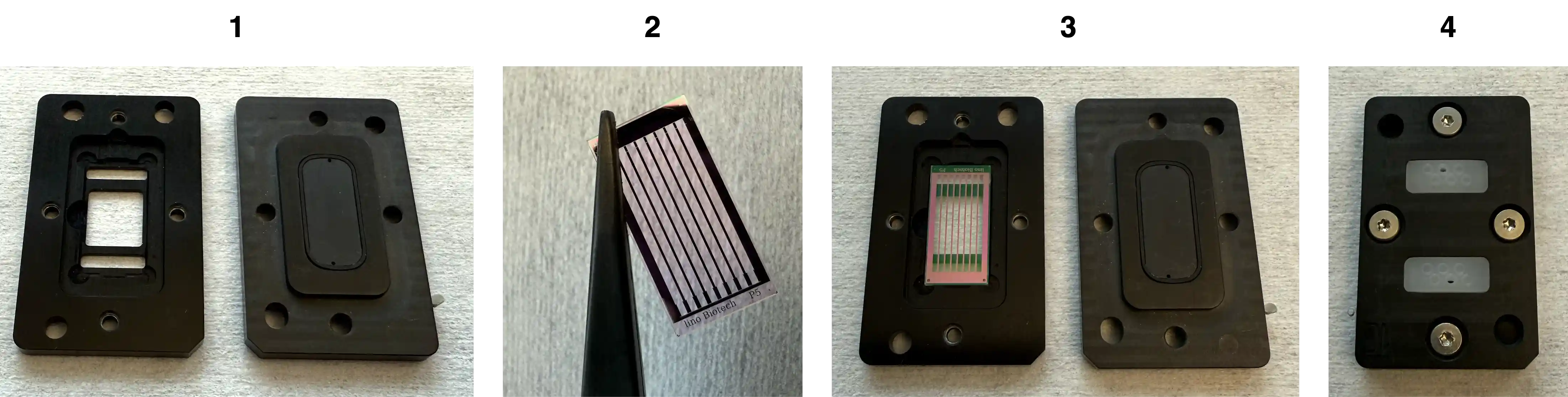 4-screw flow chamber assembly: chip dropped into the chamber, lid placed on top, secured with four screws.