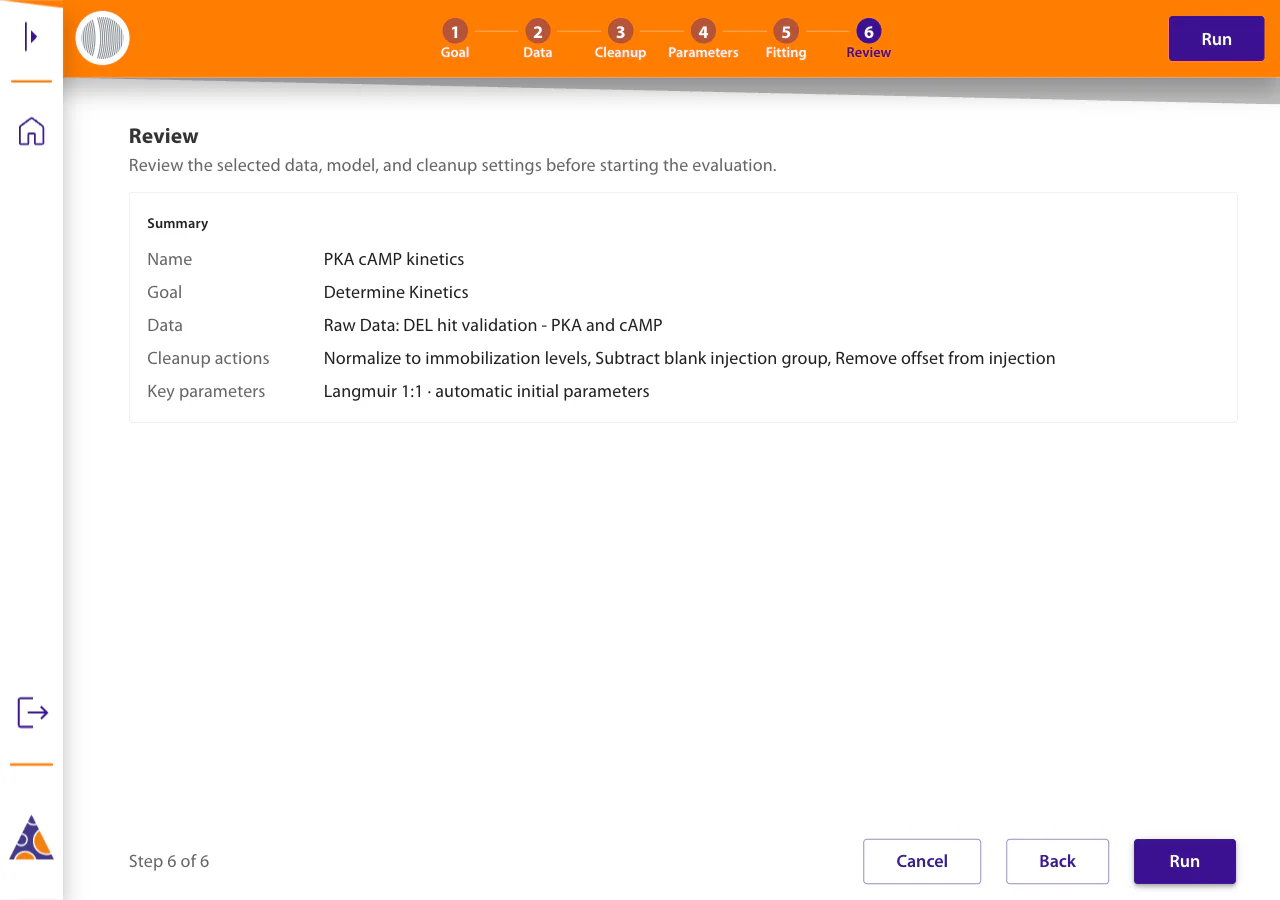 The Review step: a summary listing the study name, goal, selected data, cleanup actions and key parameters, with a Run button