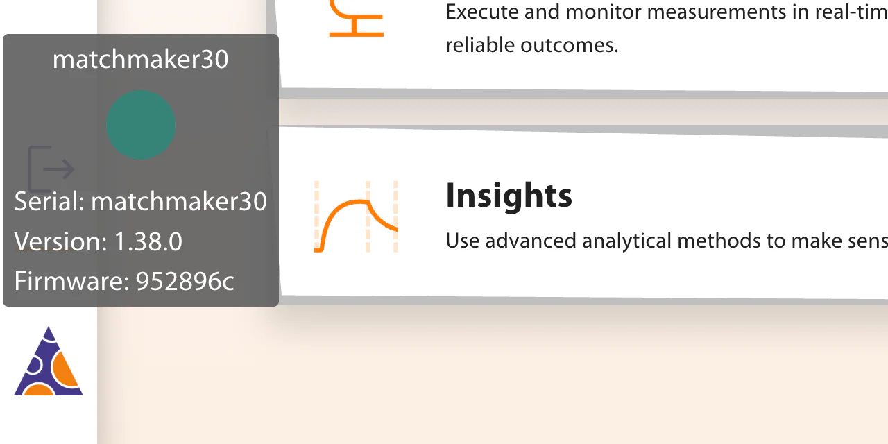 Tooltip above the side-menu logo with instrument name, serial number, software version and firmware version
